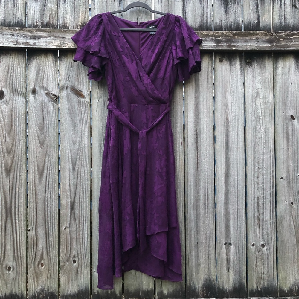 Purple Burnout Floral Fairy Dress Size 10 Flutter Sleeve Faux Wrap Midi